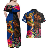 Hawaii and Samoa Together Couples Matching Off Shoulder Maxi Dress and Hawaiian Shirt Samoan Warrior and Beauty Hula Girl
