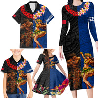 Hawaii and Samoa Together Family Matching Long Sleeve Bodycon Dress and Hawaiian Shirt Samoan Warrior and Beauty Hula Girl