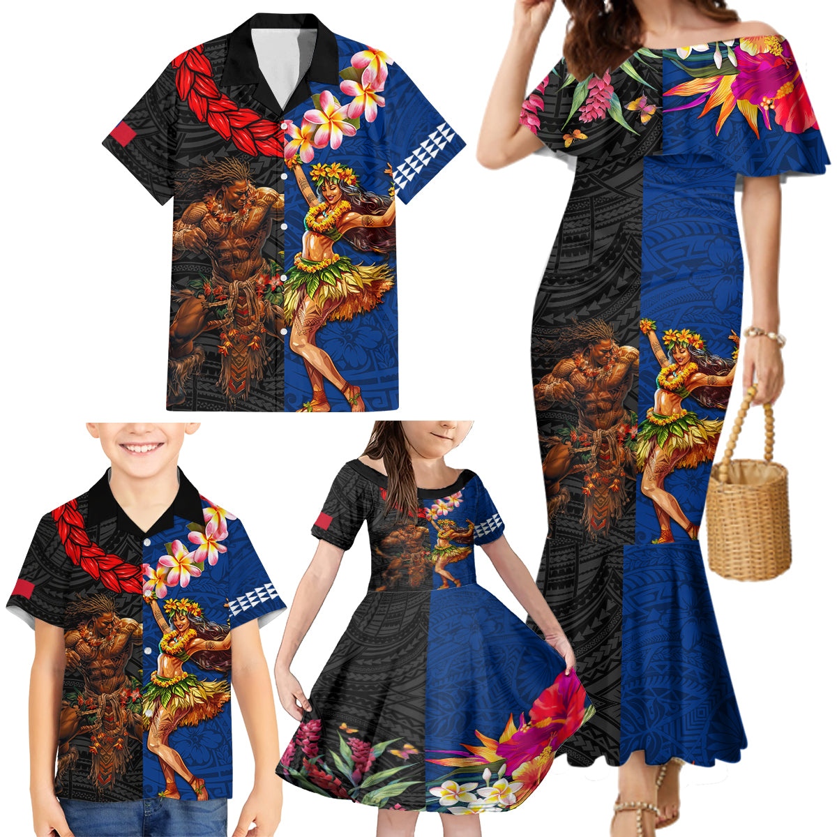 Hawaii and Samoa Together Family Matching Mermaid Dress and Hawaiian Shirt Samoan Warrior and Beauty Hula Girl
