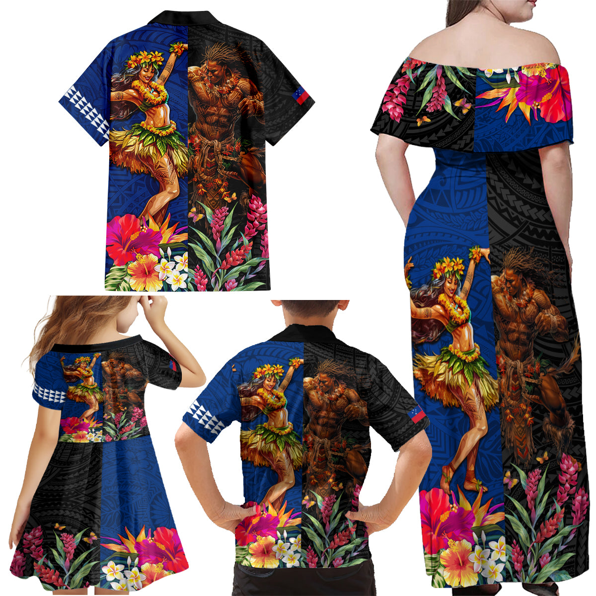 Hawaii and Samoa Together Family Matching Off Shoulder Maxi Dress and Hawaiian Shirt Samoan Warrior and Beauty Hula Girl