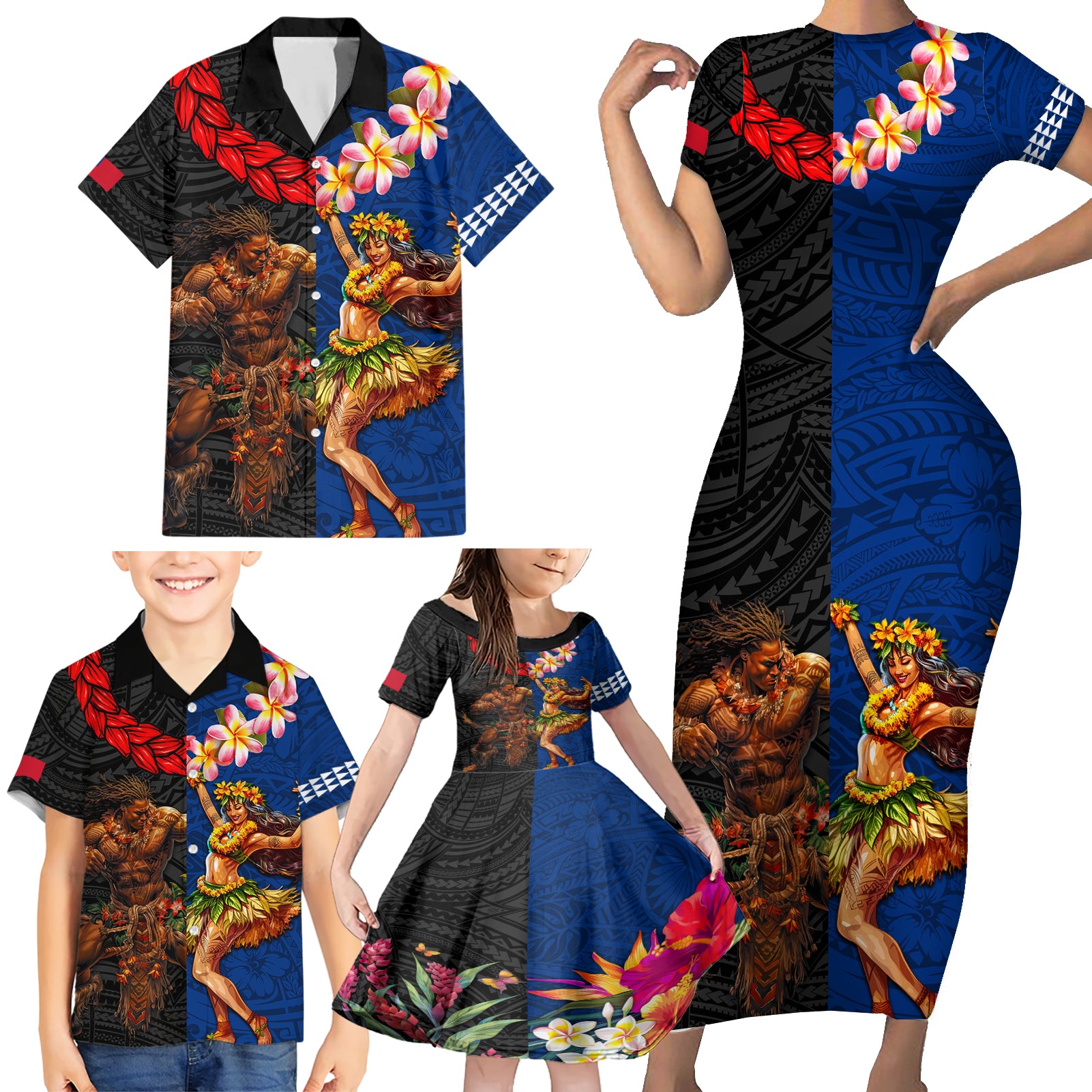 Hawaii and Samoa Together Family Matching Short Sleeve Bodycon Dress and Hawaiian Shirt Samoan Warrior and Beauty Hula Girl