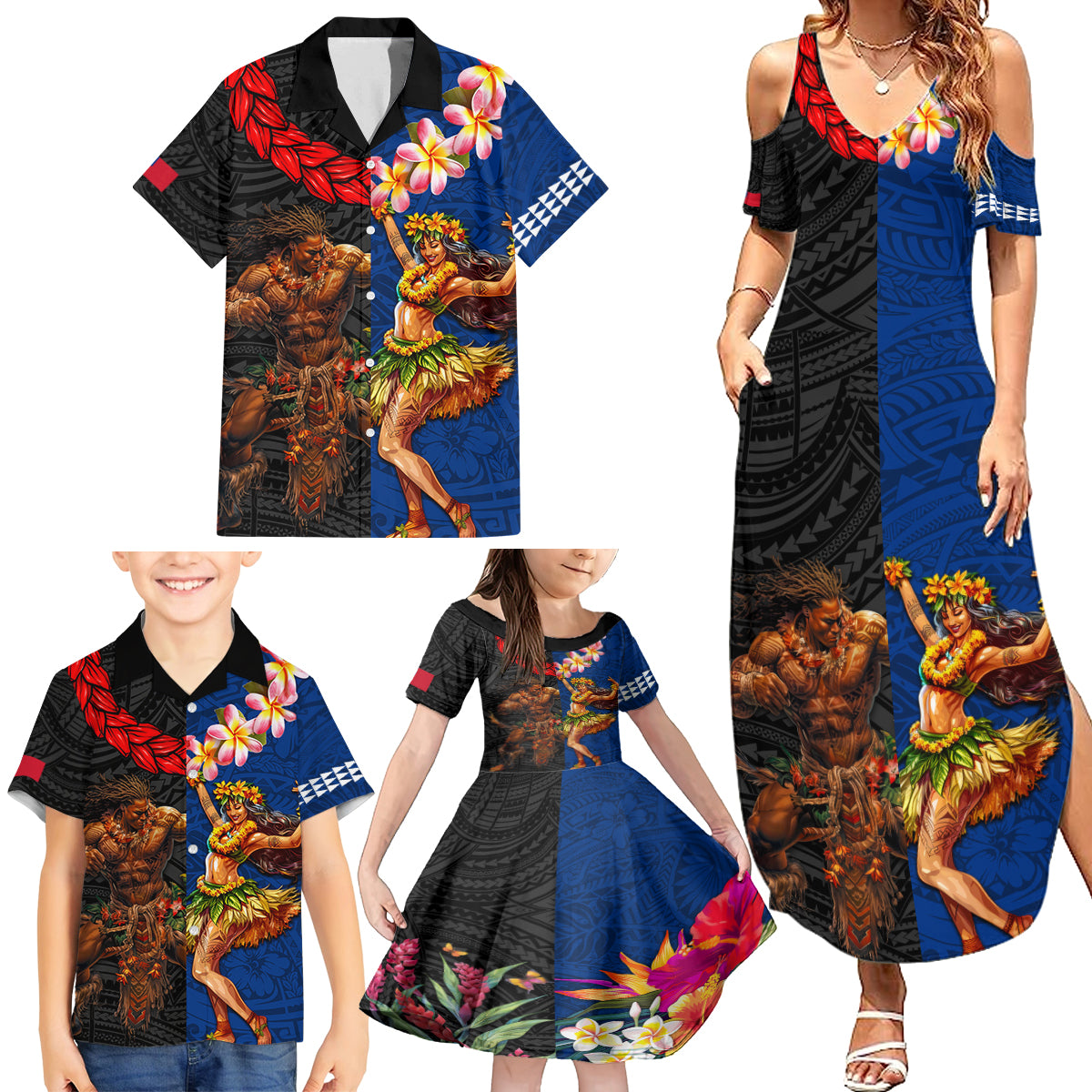 Hawaii and Samoa Together Family Matching Summer Maxi Dress and Hawaiian Shirt Samoan Warrior and Beauty Hula Girl