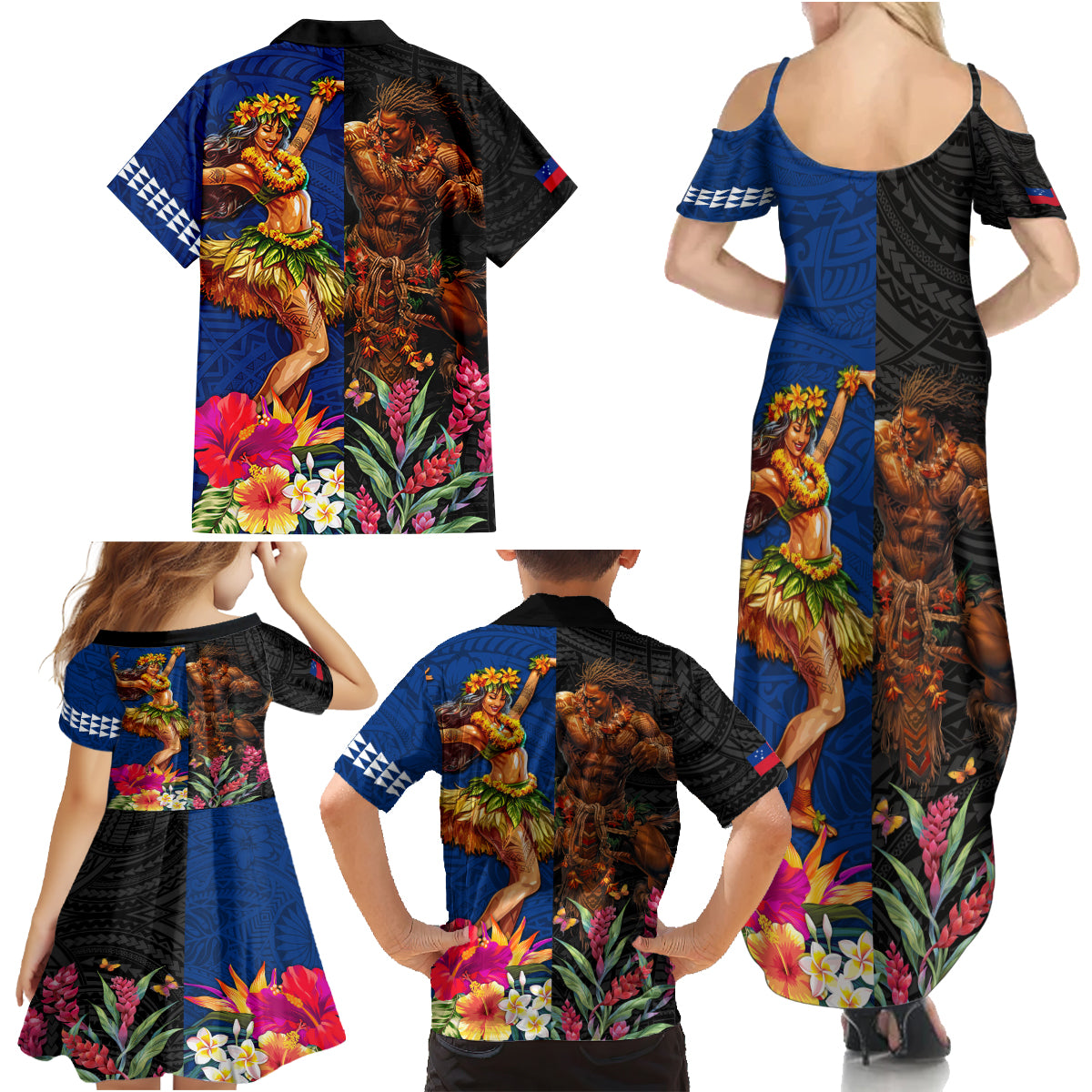 Hawaii and Samoa Together Family Matching Summer Maxi Dress and Hawaiian Shirt Samoan Warrior and Beauty Hula Girl