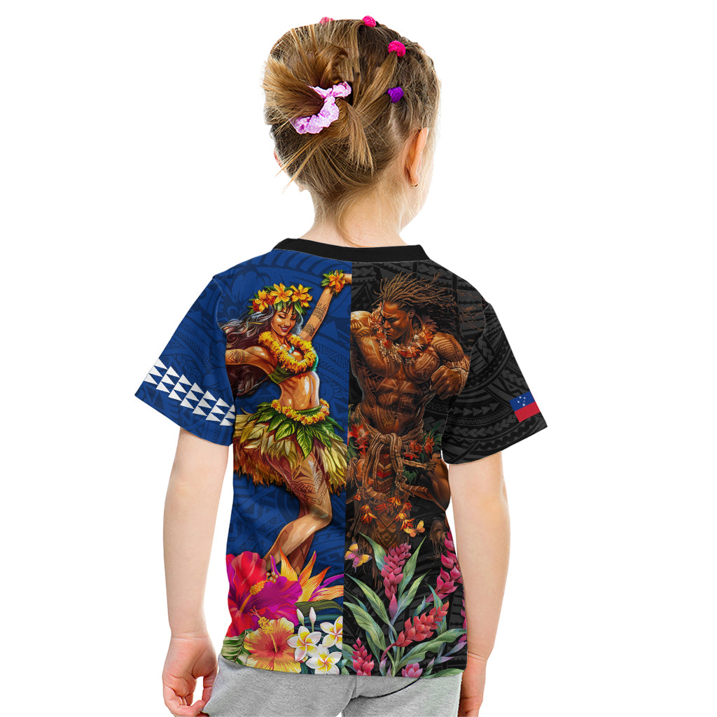 Hawaii and Samoa Together Kid T Shirt Samoan Warrior and Beauty Hula Girl