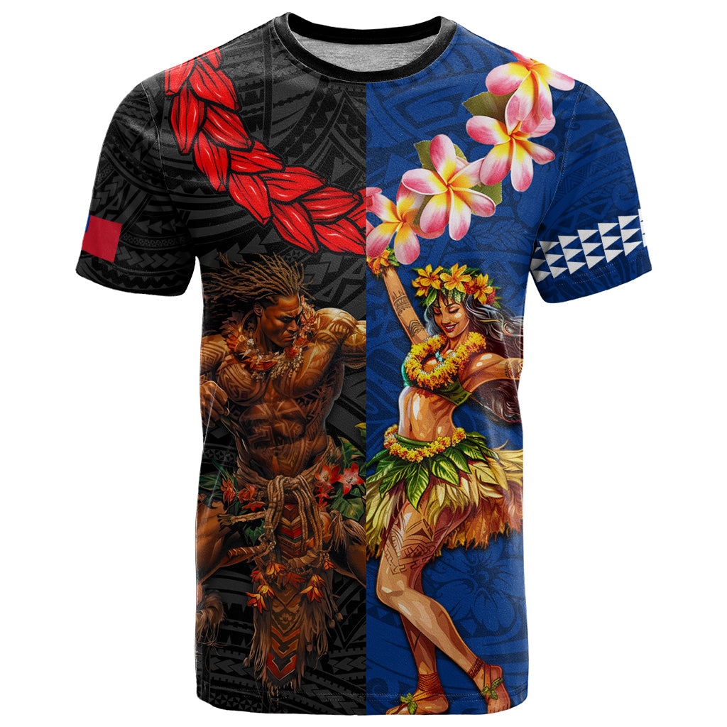 Hawaii and Samoa Together T Shirt Samoan Warrior and Beauty Hula Girl