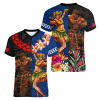 Hawaii and Samoa Together Women V-Neck T-Shirt Samoan Warrior and Beauty Hula Girl