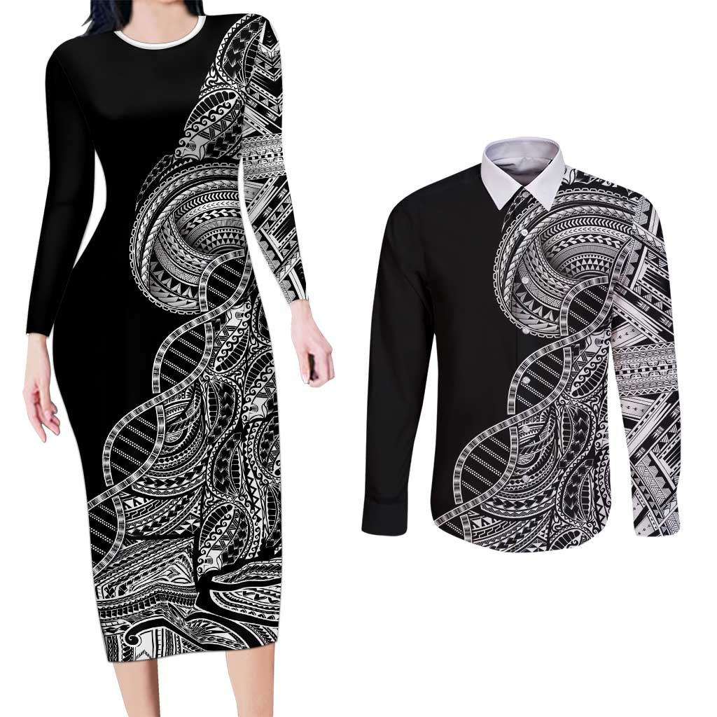 Samoan DNA Art Tattoo Couples Matching Long Sleeve Bodycon Dress and Long Sleeve Button Shirt Polynesian Pattern Black Color