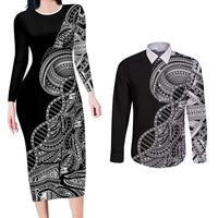 Samoan DNA Art Tattoo Couples Matching Long Sleeve Bodycon Dress and Long Sleeve Button Shirt Polynesian Pattern Black Color