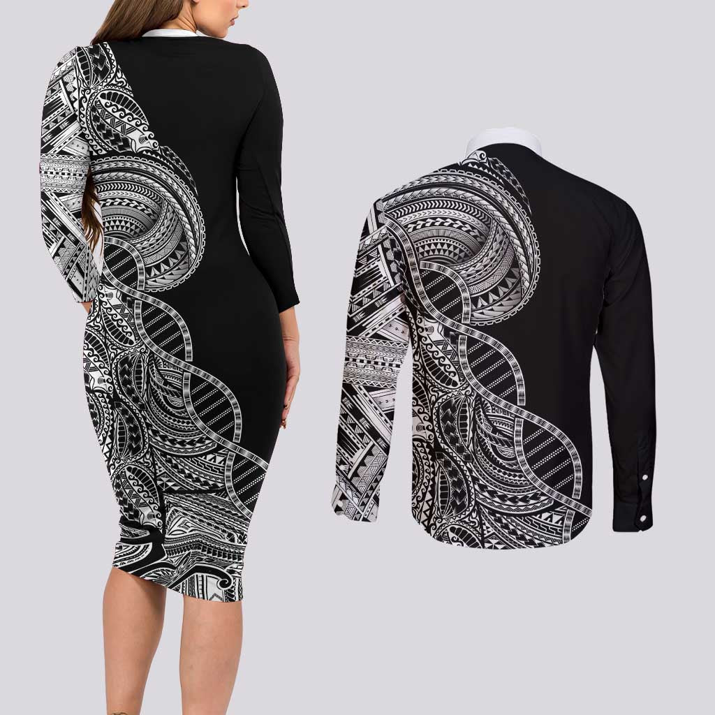 Samoan DNA Art Tattoo Couples Matching Long Sleeve Bodycon Dress and Long Sleeve Button Shirt Polynesian Pattern Black Color