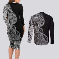 Samoan DNA Art Tattoo Couples Matching Long Sleeve Bodycon Dress and Long Sleeve Button Shirt Polynesian Pattern Black Color