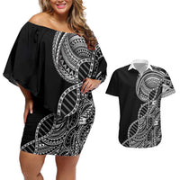 Samoan DNA Art Tattoo Couples Matching Off Shoulder Short Dress and Hawaiian Shirt Polynesian Pattern Black Color LT03 Black - Polynesian Pride