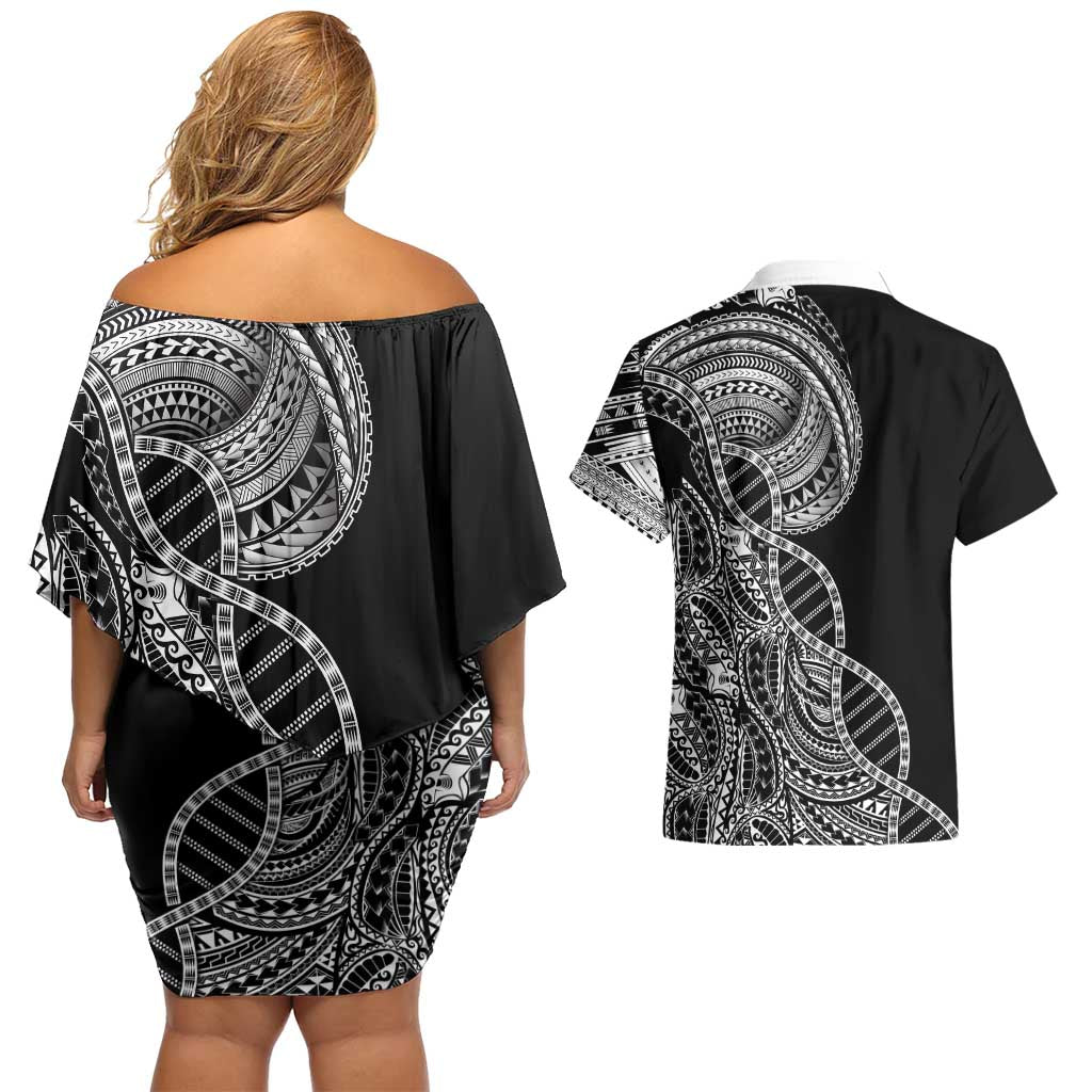 Samoan DNA Art Tattoo Couples Matching Off Shoulder Short Dress and Hawaiian Shirt Polynesian Pattern Black Color LT03 - Polynesian Pride