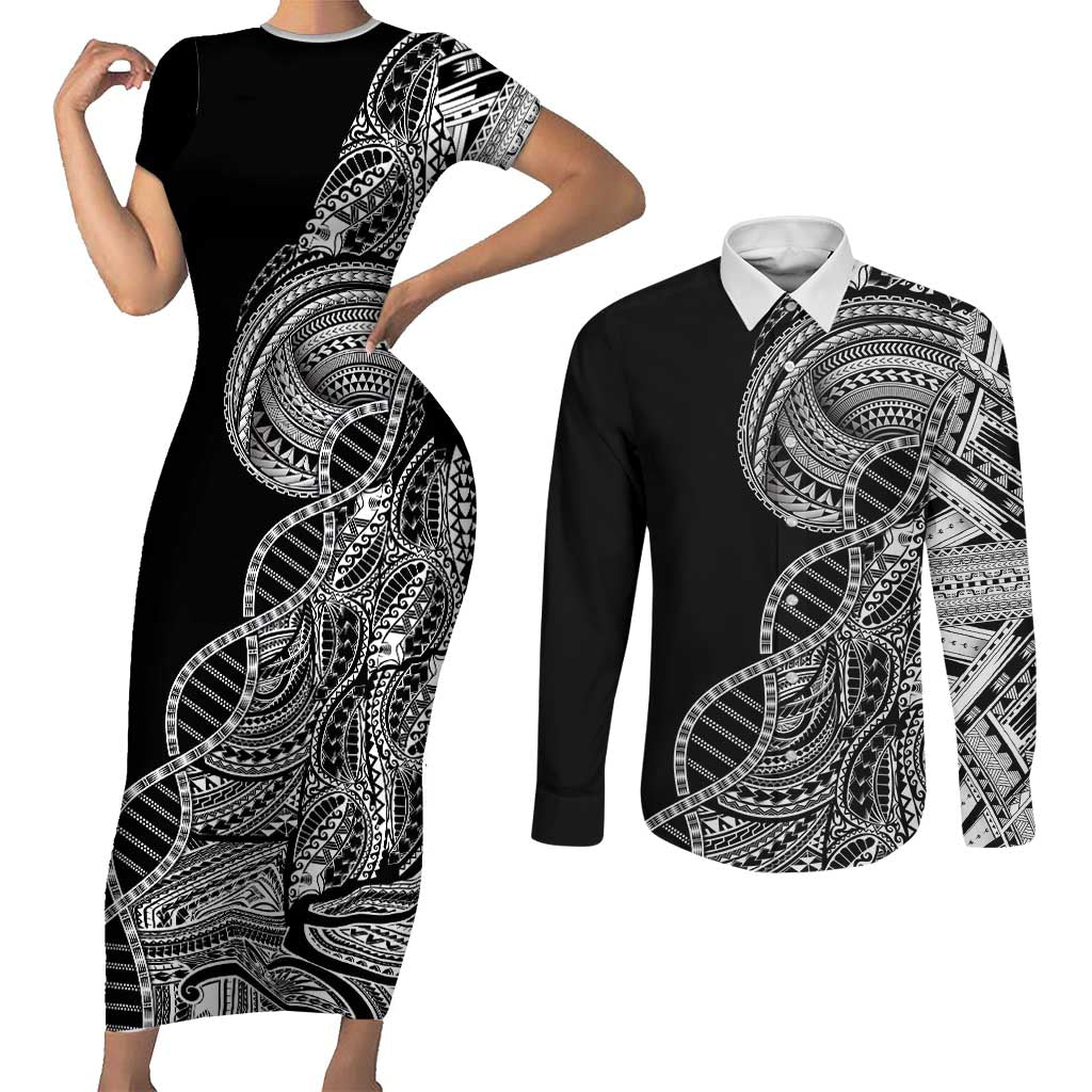 Samoan DNA Art Tattoo Couples Matching Short Sleeve Bodycon Dress and Long Sleeve Button Shirt Polynesian Pattern Black Color