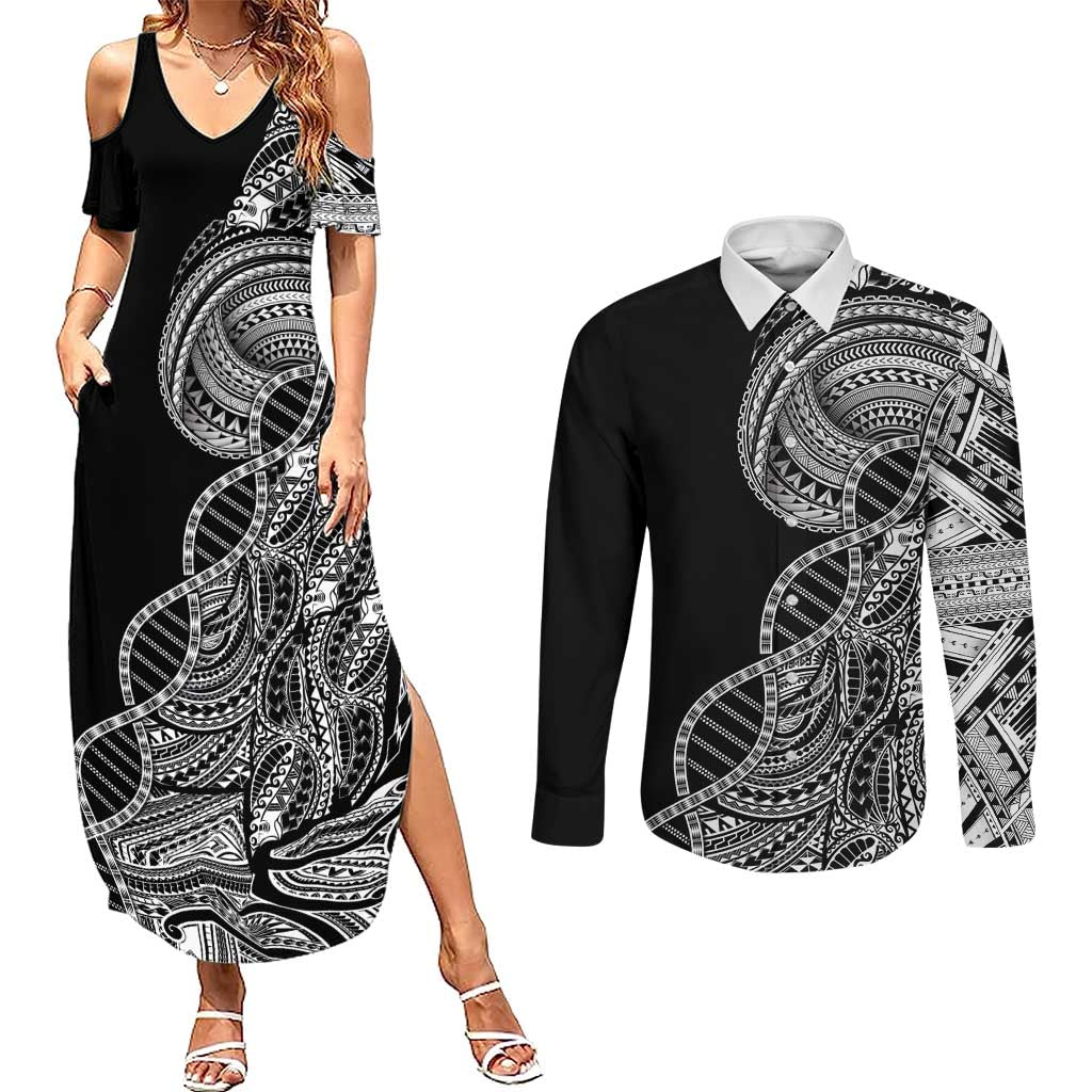 Samoan DNA Art Tattoo Couples Matching Summer Maxi Dress and Long Sleeve Button Shirt Polynesian Pattern Black Color