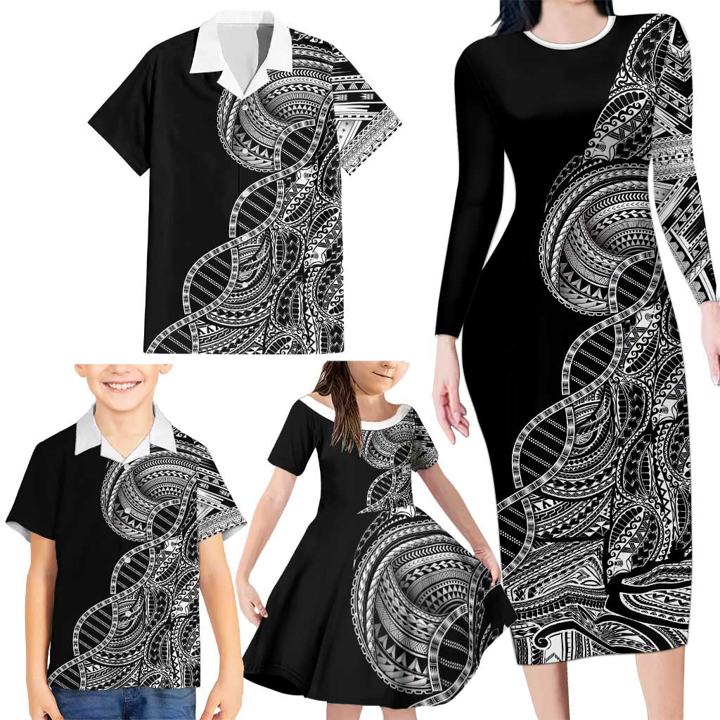 Samoan DNA Art Tattoo Family Matching Long Sleeve Bodycon Dress and Hawaiian Shirt Polynesian Pattern Black Color