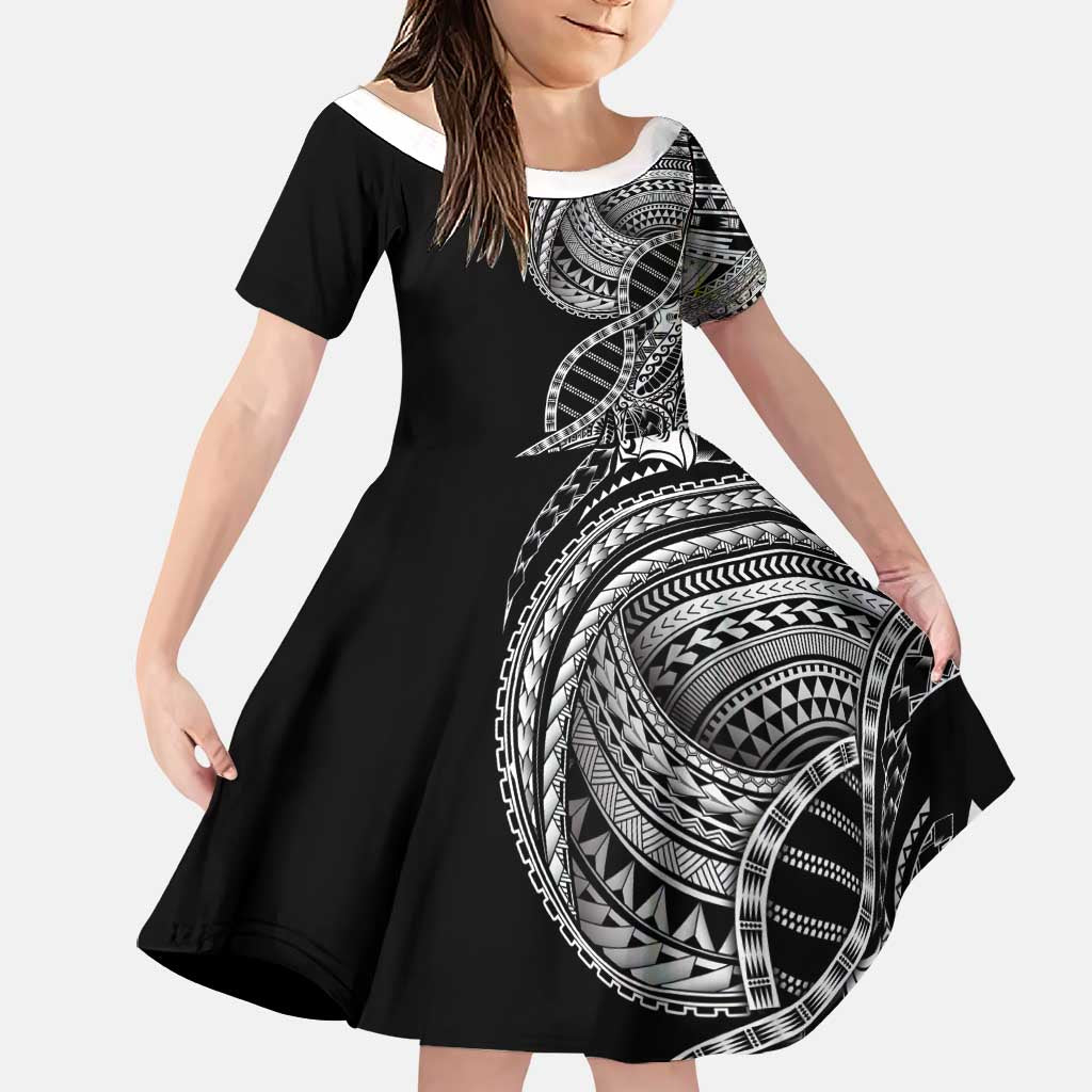 Samoan DNA Art Tattoo Family Matching Off Shoulder Short Dress and Hawaiian Shirt Polynesian Pattern Black Color LT03 Daughter's Dress Black - Polynesian Pride