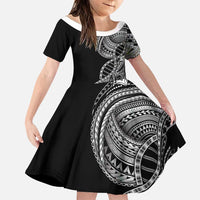 Samoan DNA Art Tattoo Family Matching Off Shoulder Short Dress and Hawaiian Shirt Polynesian Pattern Black Color LT03 Daughter's Dress Black - Polynesian Pride
