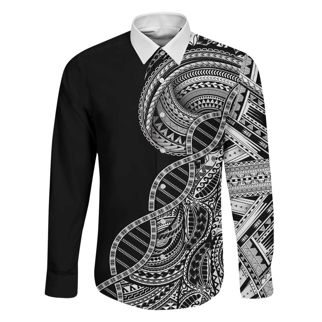 Samoan DNA Art Tattoo Family Matching Tank Maxi Dress and Hawaiian Shirt Polynesian Pattern Black Color LT03 Dad's Shirt - Long Sleeve Black - Polynesian Pride