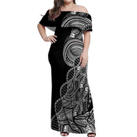 Samoan DNA Art Tattoo Off Shoulder Maxi Dress Polynesian Pattern Black Color