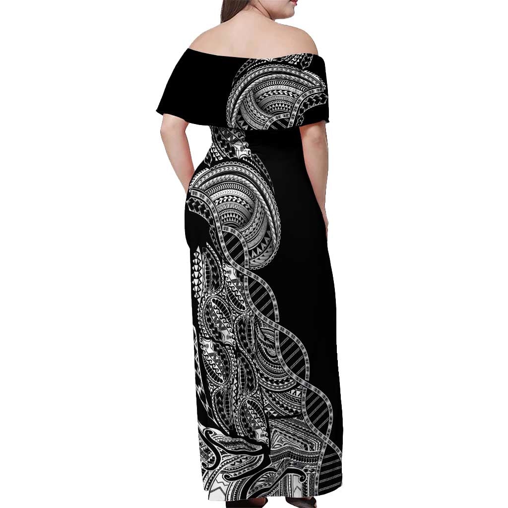 Samoan DNA Art Tattoo Off Shoulder Maxi Dress Polynesian Pattern Black Color