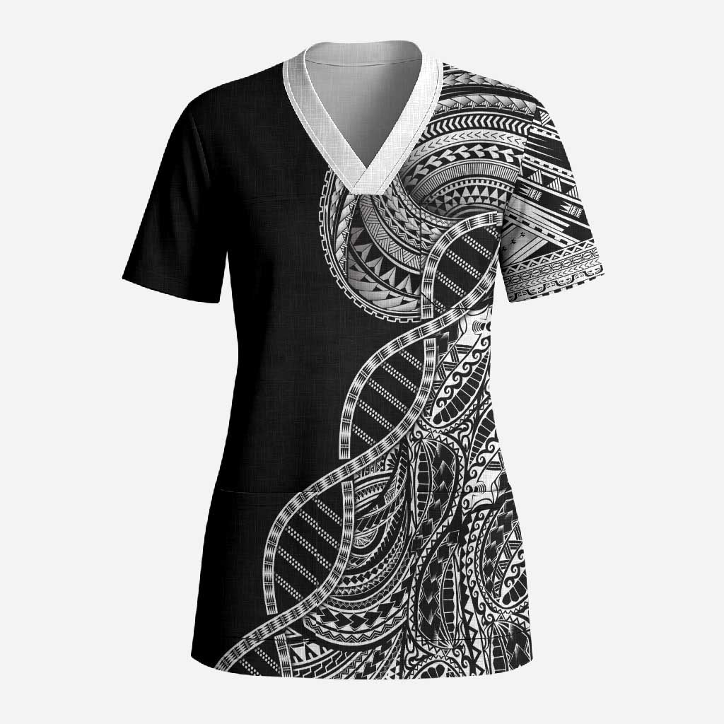 Samoan DNA Art Tattoo Scrub Top Polynesian Pattern Black Color
