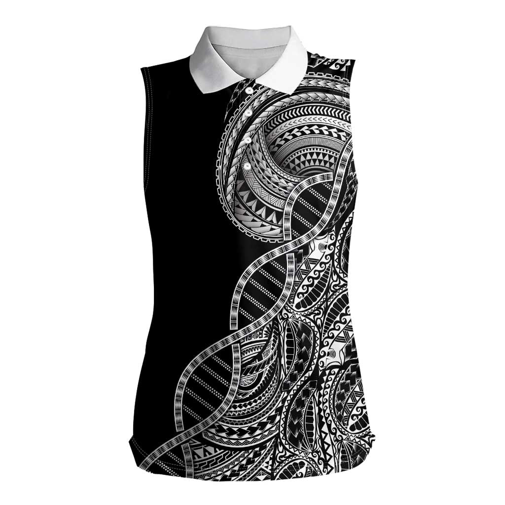 Samoan DNA Art Tattoo Women Sleeveless Polo Shirt Polynesian Pattern Black Color