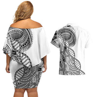 Samoan DNA Art Tattoo Couples Matching Off Shoulder Short Dress and Hawaiian Shirt Polynesian Pattern White Color LT03 - Polynesian Pride