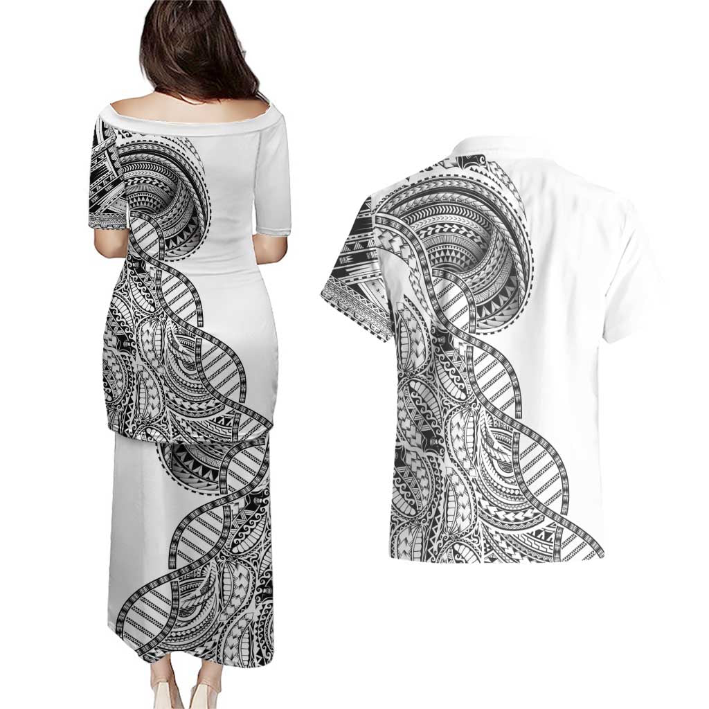 Samoan DNA Art Tattoo Couples Matching Puletasi and Hawaiian Shirt Polynesian Pattern White Color