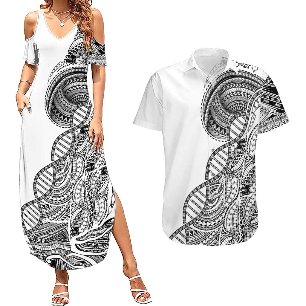 Samoan DNA Art Tattoo Couples Matching Summer Maxi Dress and Hawaiian Shirt Polynesian Pattern White Color