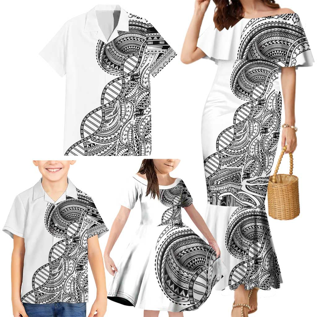 Samoan DNA Art Tattoo Family Matching Mermaid Dress and Hawaiian Shirt Polynesian Pattern White Color