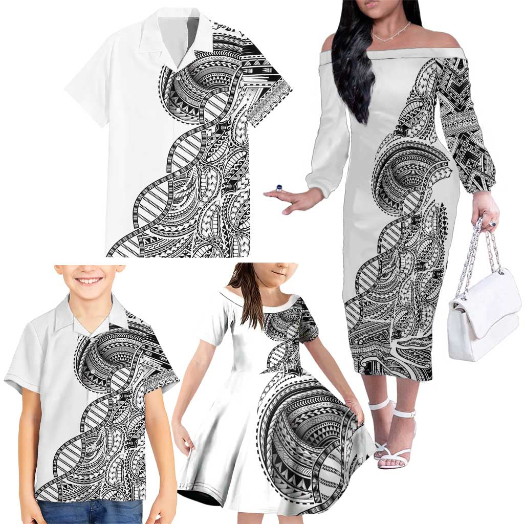 Samoan DNA Art Tattoo Family Matching Off The Shoulder Long Sleeve Dress and Hawaiian Shirt Polynesian Pattern White Color