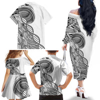 Samoan DNA Art Tattoo Family Matching Off The Shoulder Long Sleeve Dress and Hawaiian Shirt Polynesian Pattern White Color