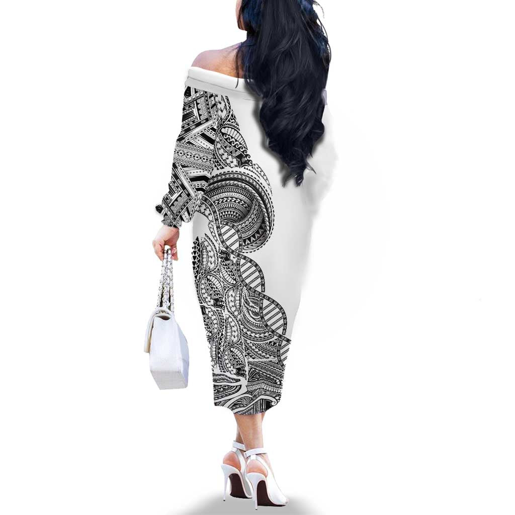 Samoan DNA Art Tattoo Family Matching Off The Shoulder Long Sleeve Dress and Hawaiian Shirt Polynesian Pattern White Color