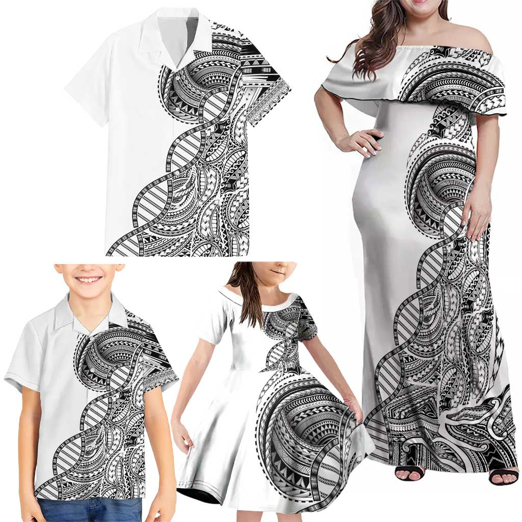 Samoan DNA Art Tattoo Family Matching Off Shoulder Maxi Dress and Hawaiian Shirt Polynesian Pattern White Color