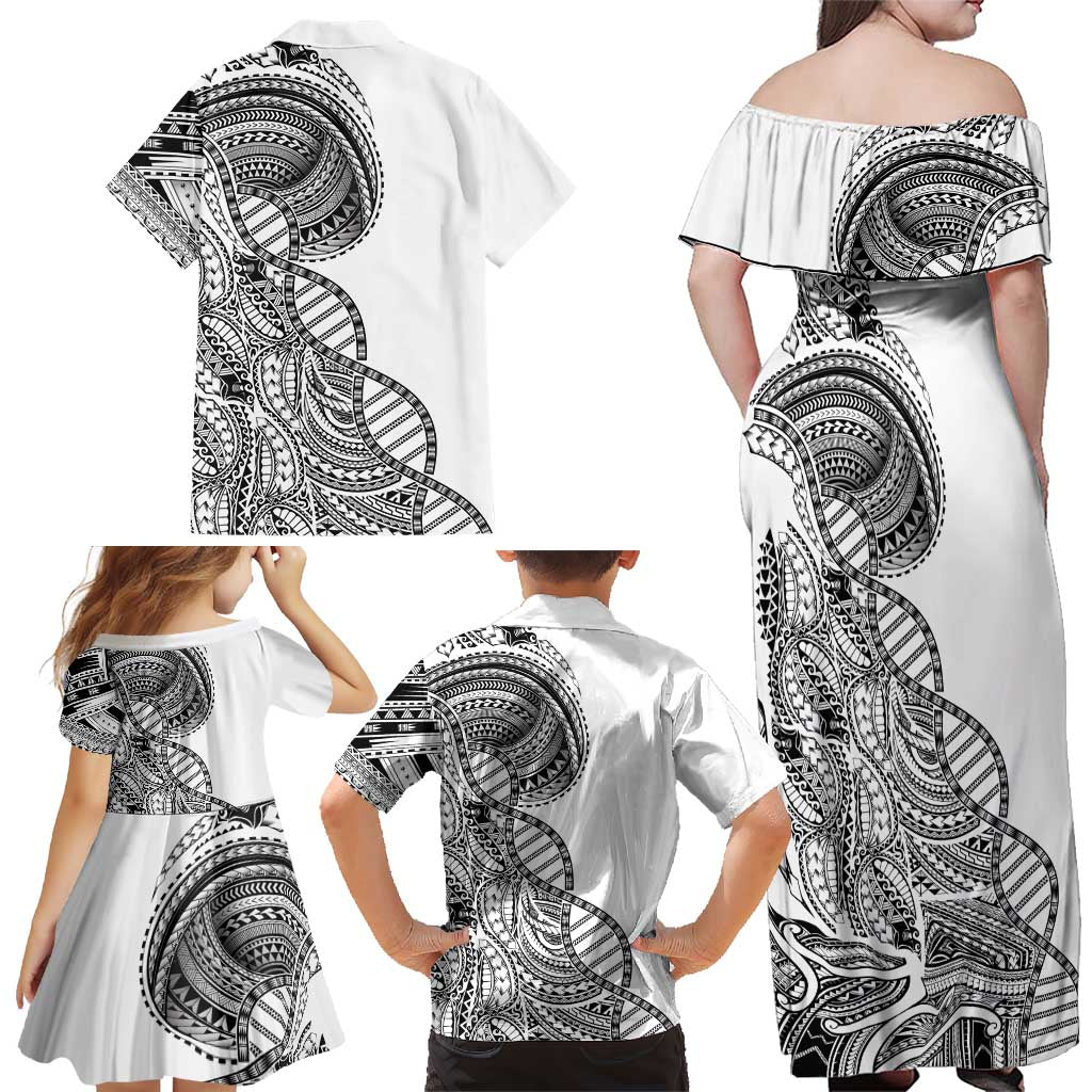 Samoan DNA Art Tattoo Family Matching Off Shoulder Maxi Dress and Hawaiian Shirt Polynesian Pattern White Color