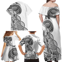Samoan DNA Art Tattoo Family Matching Off Shoulder Maxi Dress and Hawaiian Shirt Polynesian Pattern White Color