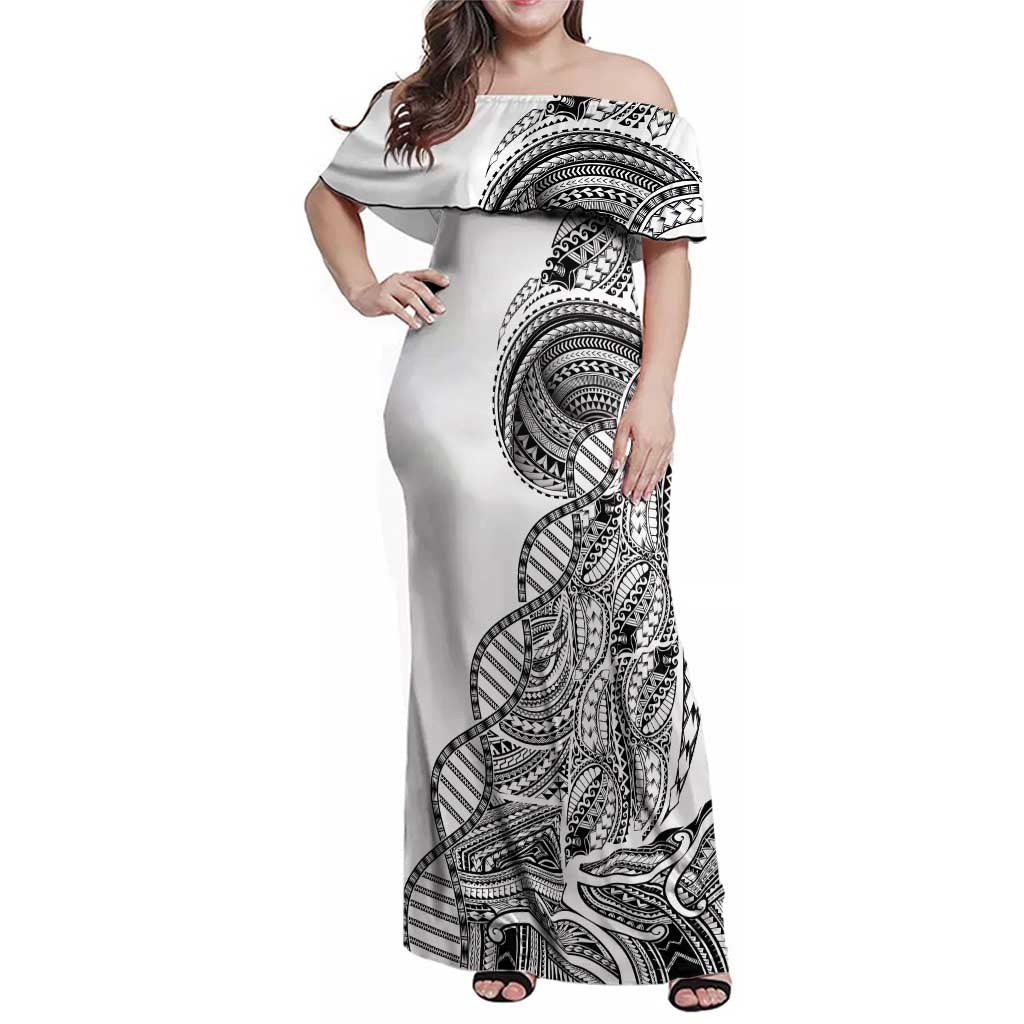 Samoan DNA Art Tattoo Family Matching Off Shoulder Maxi Dress and Hawaiian Shirt Polynesian Pattern White Color