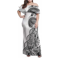 Samoan DNA Art Tattoo Family Matching Off Shoulder Maxi Dress and Hawaiian Shirt Polynesian Pattern White Color