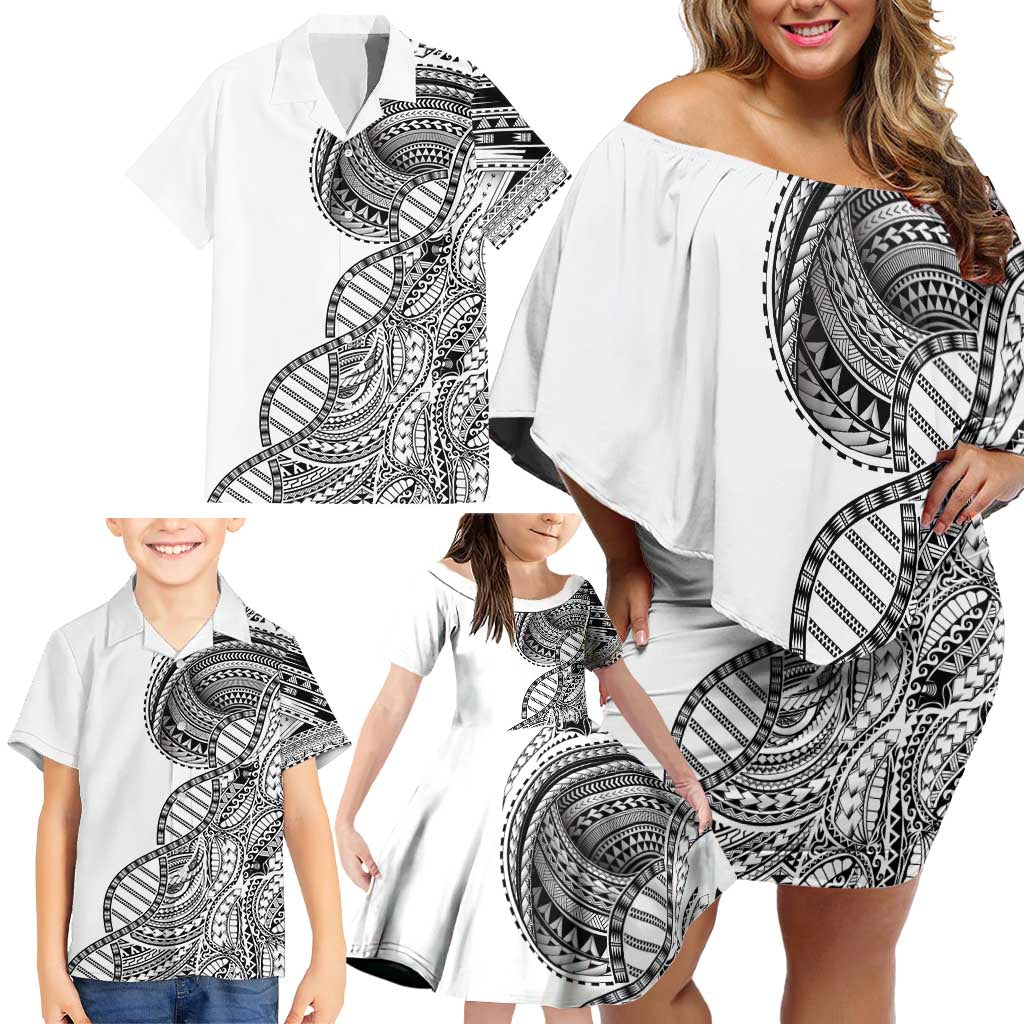 Samoan DNA Art Tattoo Family Matching Off Shoulder Short Dress and Hawaiian Shirt Polynesian Pattern White Color