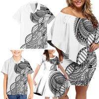 Samoan DNA Art Tattoo Family Matching Off Shoulder Short Dress and Hawaiian Shirt Polynesian Pattern White Color