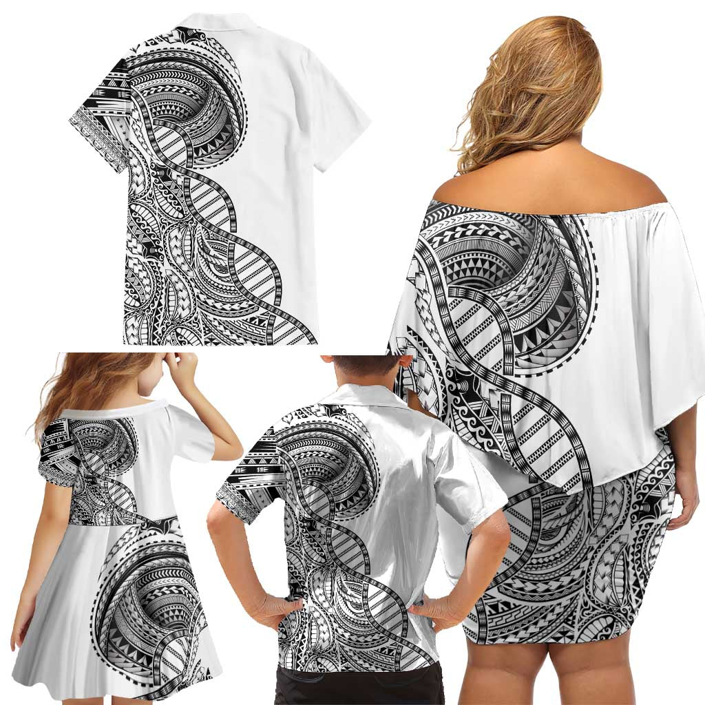 Samoan DNA Art Tattoo Family Matching Off Shoulder Short Dress and Hawaiian Shirt Polynesian Pattern White Color