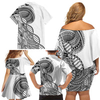 Samoan DNA Art Tattoo Family Matching Off Shoulder Short Dress and Hawaiian Shirt Polynesian Pattern White Color