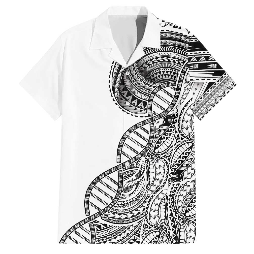 Samoan DNA Art Tattoo Family Matching Off Shoulder Short Dress and Hawaiian Shirt Polynesian Pattern White Color