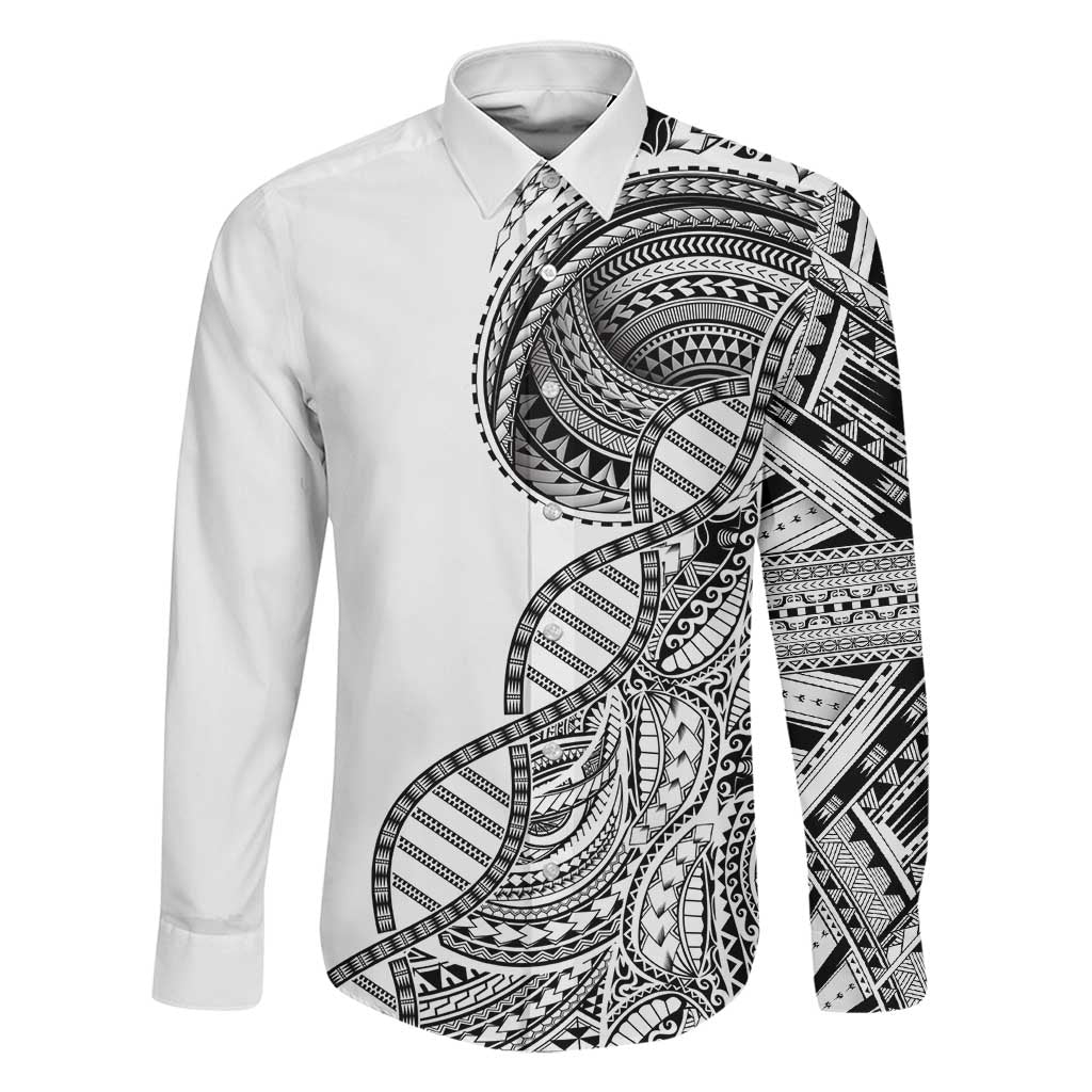 Samoan DNA Art Tattoo Family Matching Off Shoulder Short Dress and Hawaiian Shirt Polynesian Pattern White Color