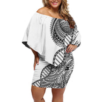 Samoan DNA Art Tattoo Family Matching Off Shoulder Short Dress and Hawaiian Shirt Polynesian Pattern White Color
