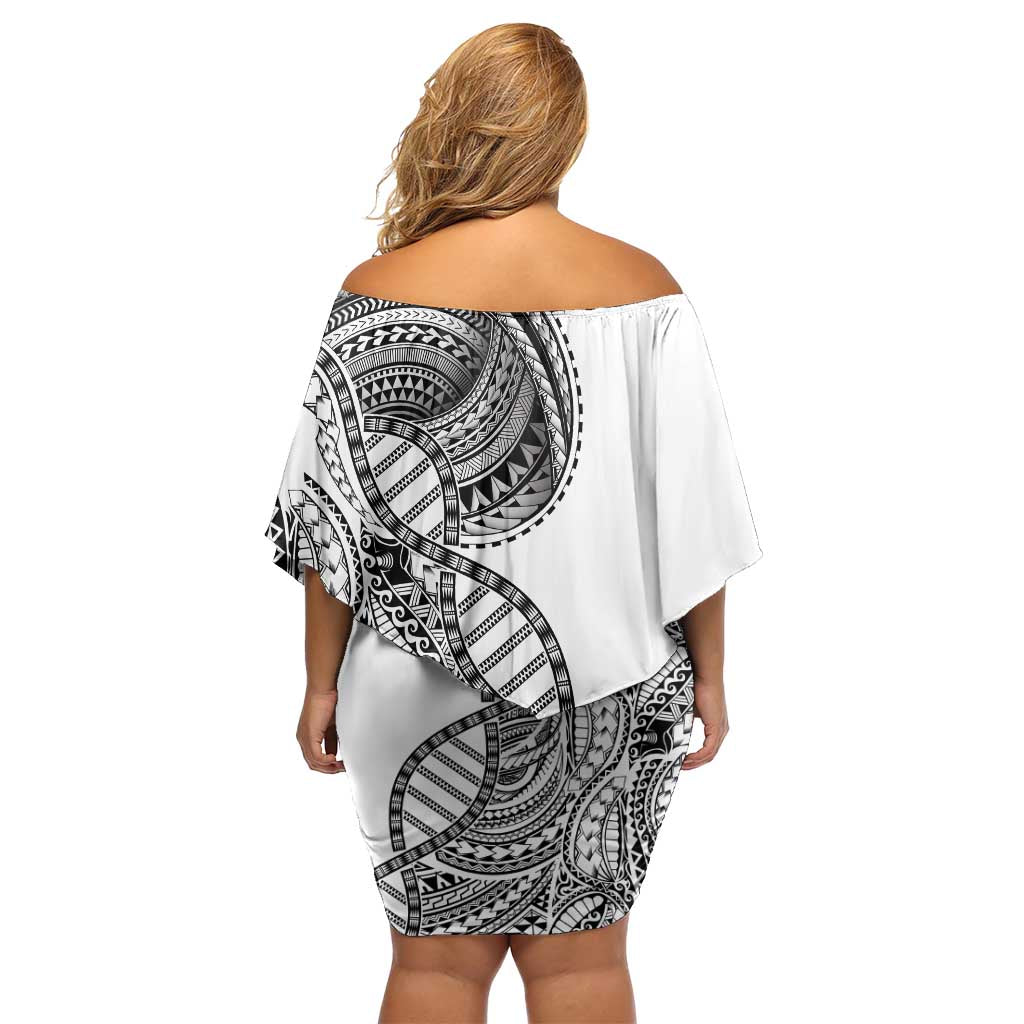 Samoan DNA Art Tattoo Family Matching Off Shoulder Short Dress and Hawaiian Shirt Polynesian Pattern White Color
