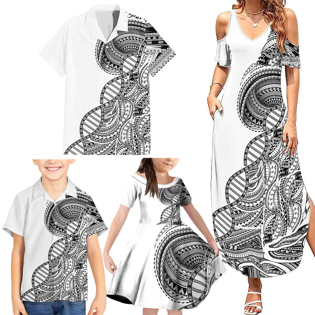 Samoan DNA Art Tattoo Family Matching Summer Maxi Dress and Hawaiian Shirt Polynesian Pattern White Color