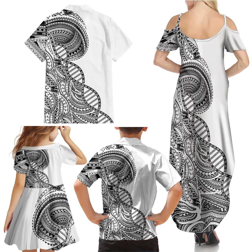 Samoan DNA Art Tattoo Family Matching Summer Maxi Dress and Hawaiian Shirt Polynesian Pattern White Color