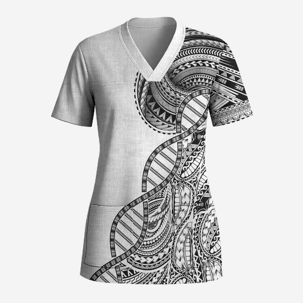 Samoan DNA Art Tattoo Scrub Top Polynesian Pattern White Color