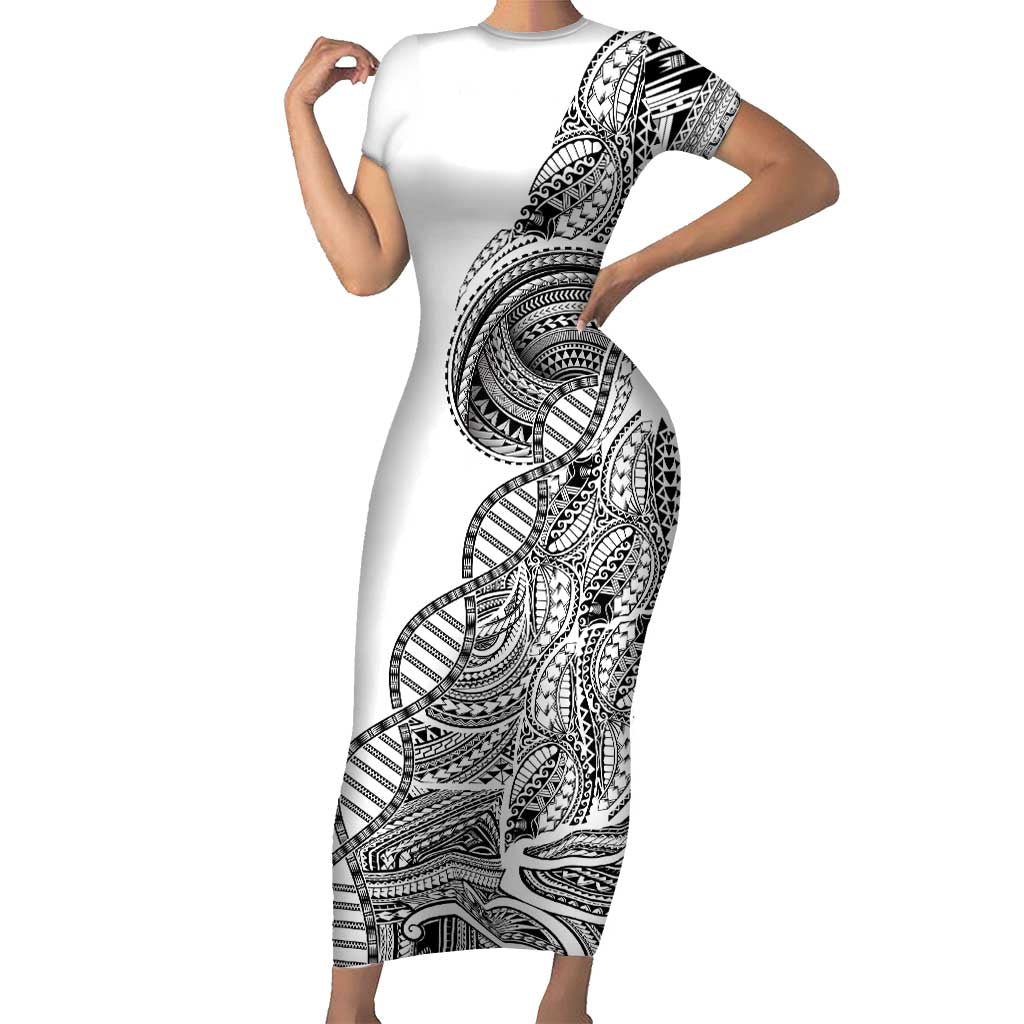 Samoan DNA Art Tattoo Short Sleeve Bodycon Dress Polynesian Pattern White Color